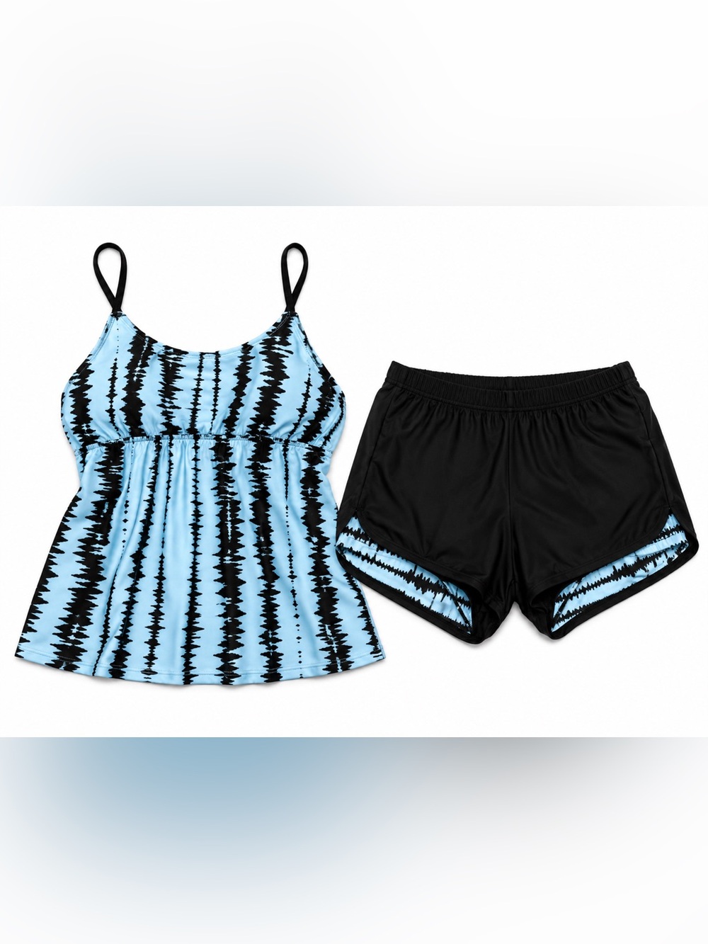 Blue Tie-Dye Tankini Top & Black Swim Shorts Set